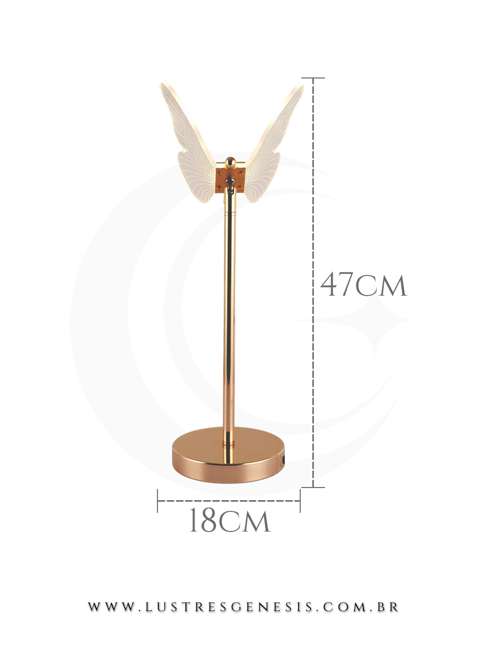 Abajur LED Decorativo Borboleta Metal Dourado e Acr&iacute;lico 8W Bivolt 19x25x40cm, Otimizado para Quarto, Sala, Cabeceira, Quarto de Casal